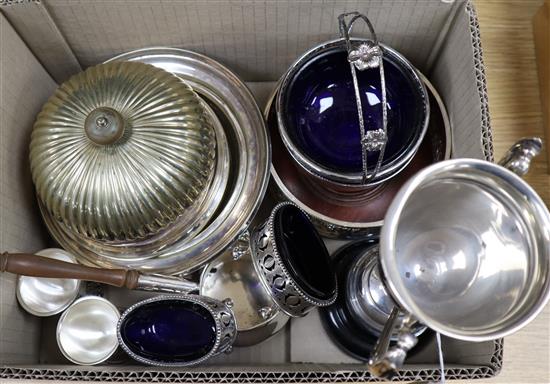 A silver trophy cup and a quantity of mixed plated wares.